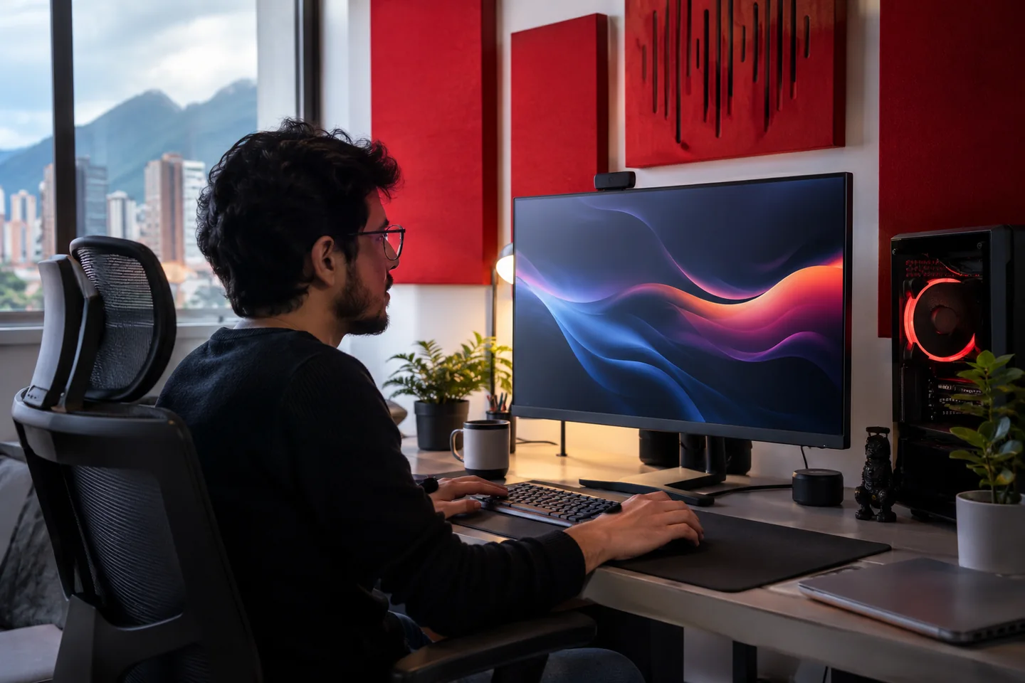 Cliente usando un puesto PC moderno en Bogotá